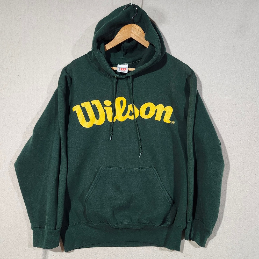 Wilson Vintage Mens Hoodie Medium Forest Green Yellow Logo Pullover Sweatshirt